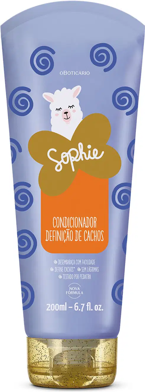 Imagem de um frasco de condicionador para cachos da marca Sophie, com embalagem azul claro e ilustrações de espirais azul escuro e um rosto de lhama, com texto em letras brancas.