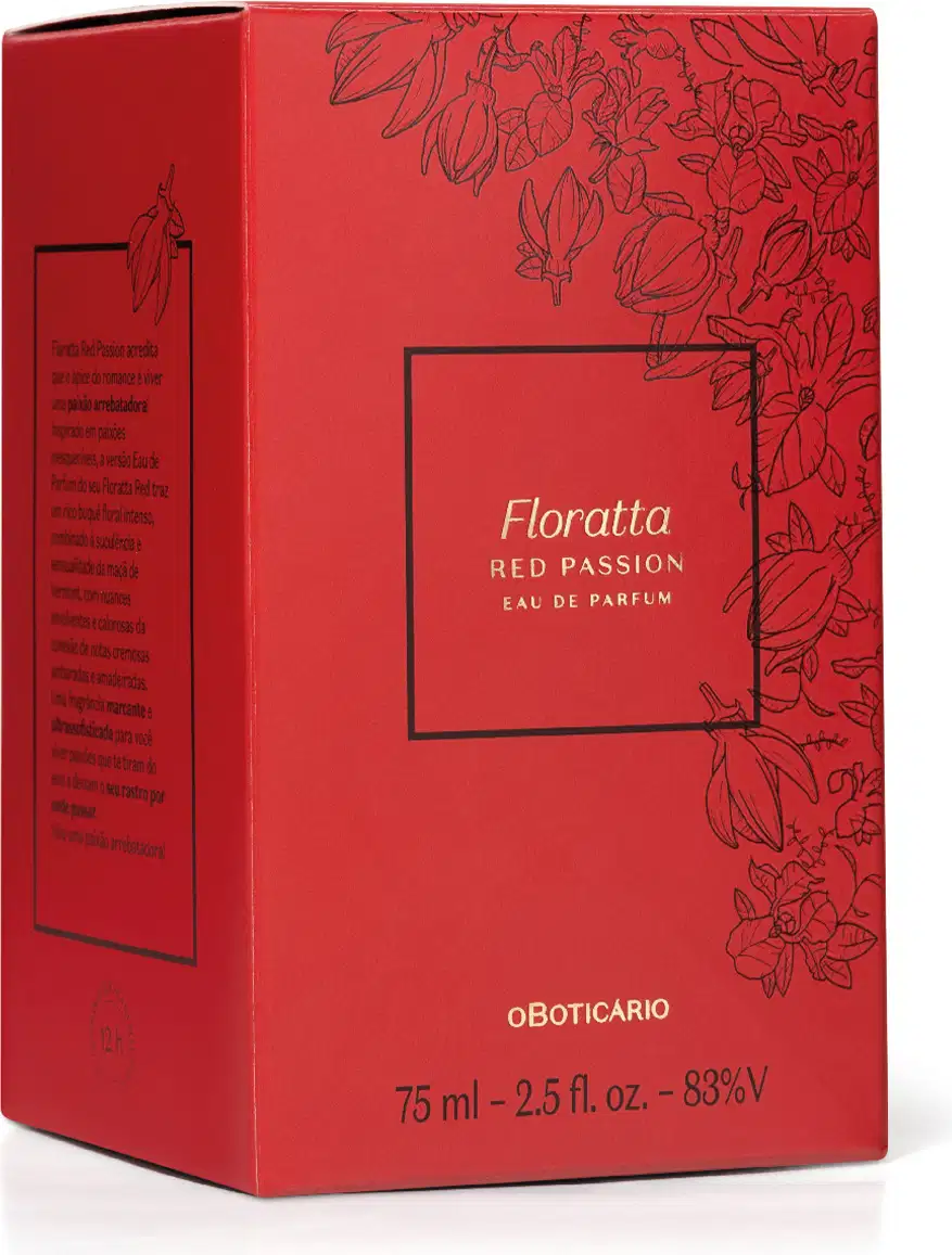 O produto apresentado é um frasco de perfume da linha Floratta, com o nome "Red Passion" impresso em destaque. A embalagem é uma caixa vermelha com um padrão floral em relevo, contendo informações sobre o produto.