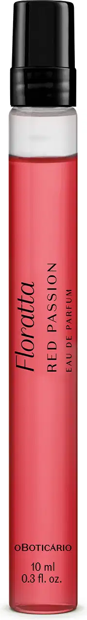 Frasco de item de perfumaria da marca Floratta Red Passion, em formato cilíndrico, compacto e transparente com tampa borrifadora preta, preenchido com líquido rosa. O nome do produto está gravado em letras pretas na embalagem.