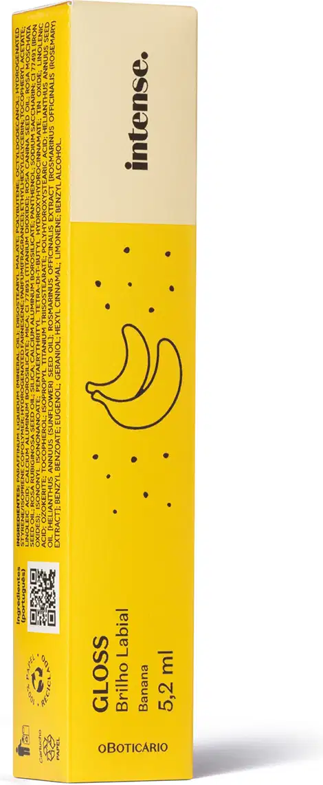 A imagem mostra a caixa do produto, retangular, toda amarela, com desenhos de banana.