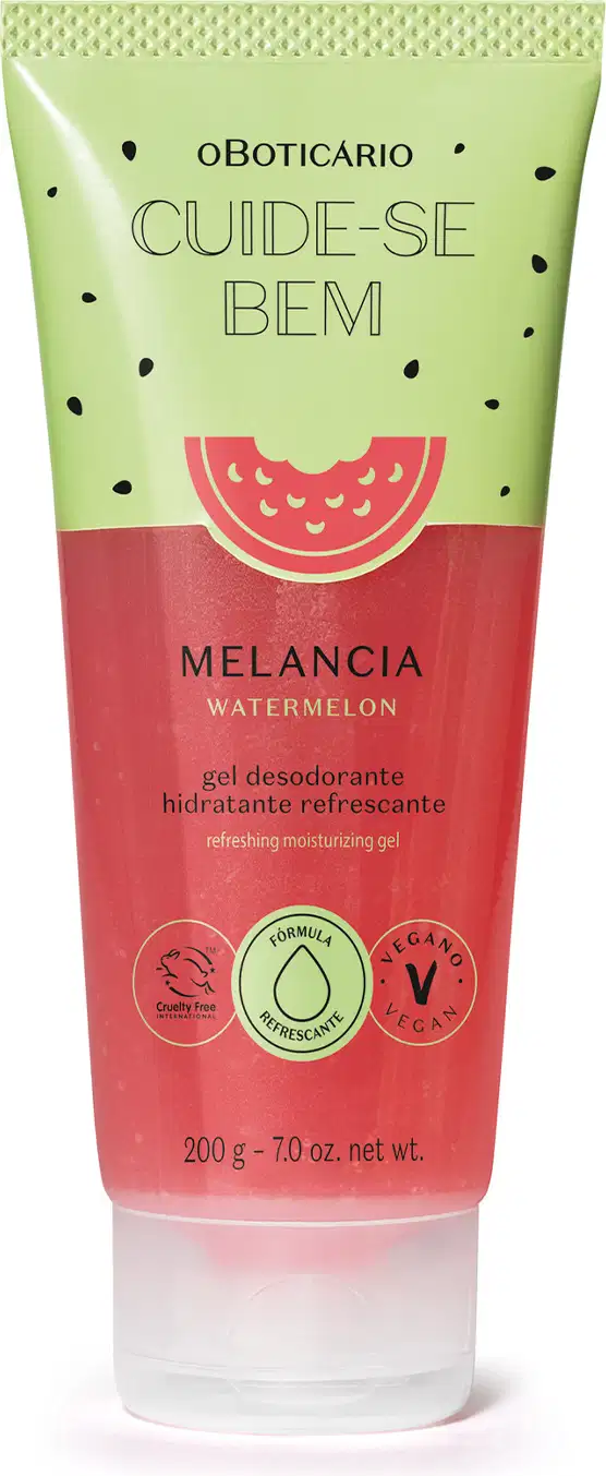 Bisnaga verde e vermelha com pontinhos pretos e ilustração de melancia contendo 200g de gel hidratante refrescante Cuide-se Bem Melancia.