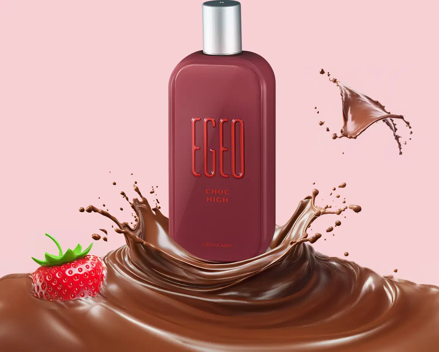 Frasco vermelho de desodorante colônia Egeo Choc High, imerso em uma superfície de chocolate líquido, com respingos de chocolate ao redor e um morango parcialmente submerso no chocolate líquido em um fundo rosa.