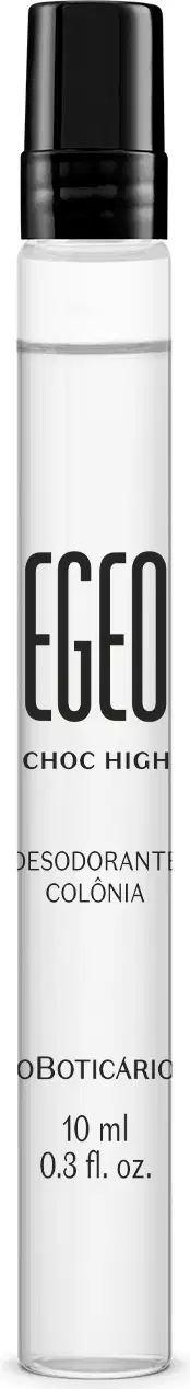 Vidro transparente em formato cilíndrico com tampa preta e letras pretas contendo 10ml de desodorante colônia Egeo Choc High.