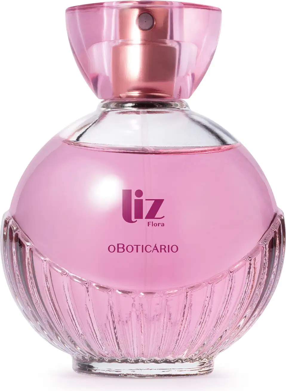 Vidro arredondado com líquido rosa, letras vinho, borrifador dourado e tampa transparente contendo 100ml de desodorante colônia Liz Flora.