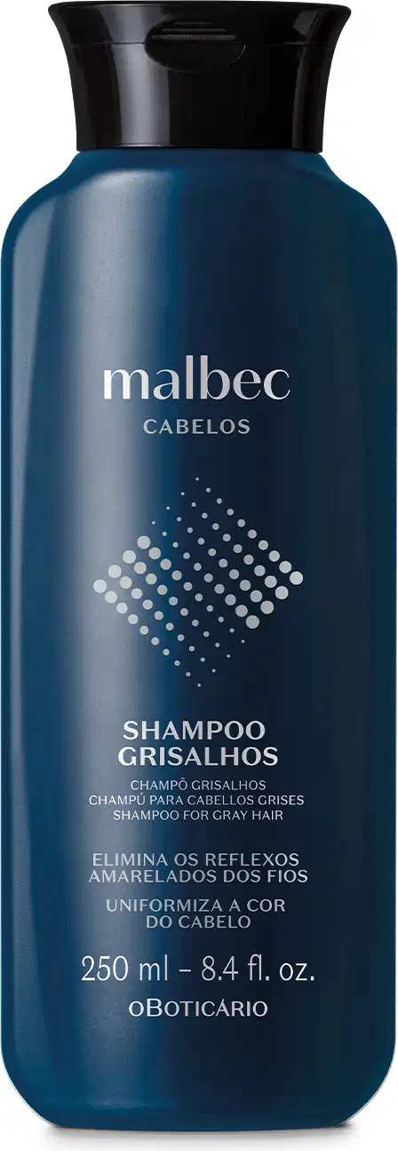 Frasco azul-marinho de shampoo da marca Malbec Cabelos para cabelos grisalhos, com rótulo branco contendo informações sobre o produto.