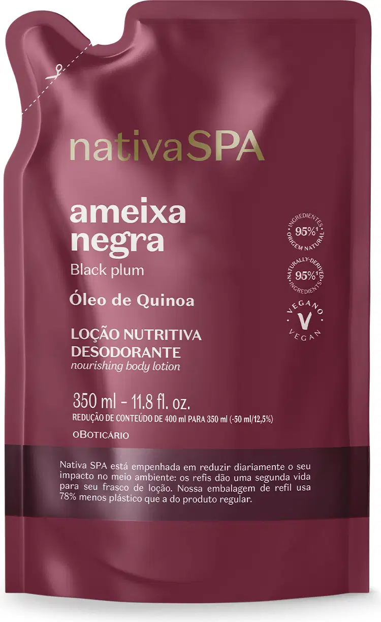 Imagem de um refil em sachê na cor vinho com rótulo em letras douradas e brancas contendo 350ml de loção hidratante desodorante corporal Nativa SPA Ameixa Negra.