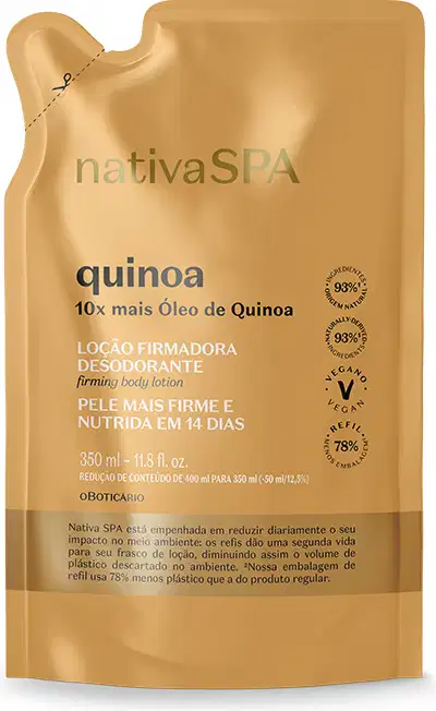 Imagem da embalagem refiil de loção corporal da marca Nativa SPA Quinoa, com sachê de plástico flexível na cor dourada, rótulo com texto e informações sobre o produto em letras brancas e pretas. O produto contém 350ml.
