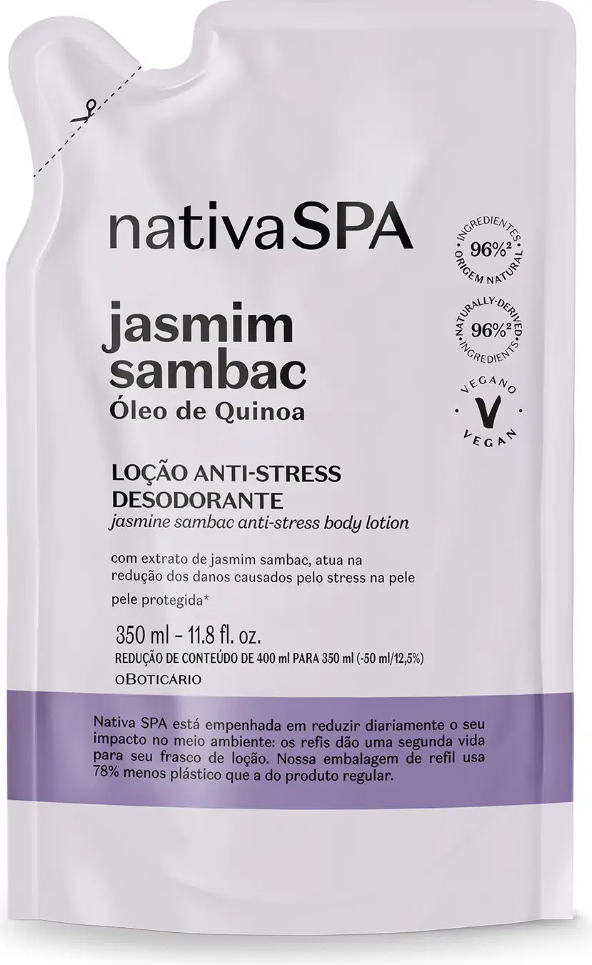 Imagem de embalagem plástica branca em sachê refil de loção anti-stress desodorante da marca Nativa SPA Jasmim Sambac, com rótulo em preto e roxo contendo informações sobre o produto com óleo de quinoa.