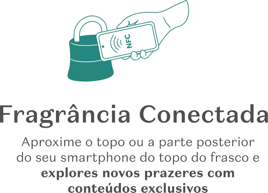 Texto explicando que essa é uma fragrância conectada: basta aproximar seu smartphone no topo da embalagem e você terá acesso a conteúdos exclusivos.
