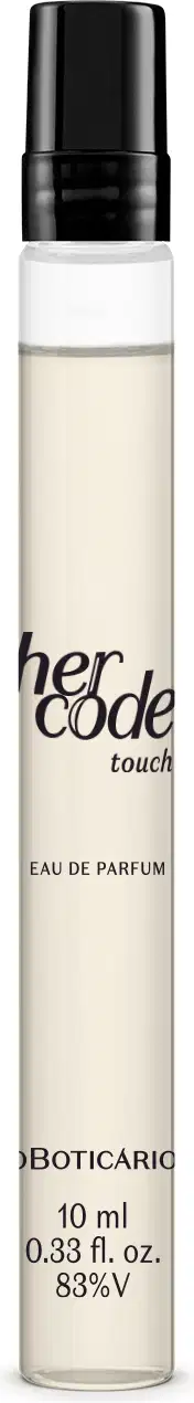 Frasco cilíndrico transparente com líquido claro, tampa preta e letras pretas contendo 10ml de Eau de Parfum Her Code Touch.