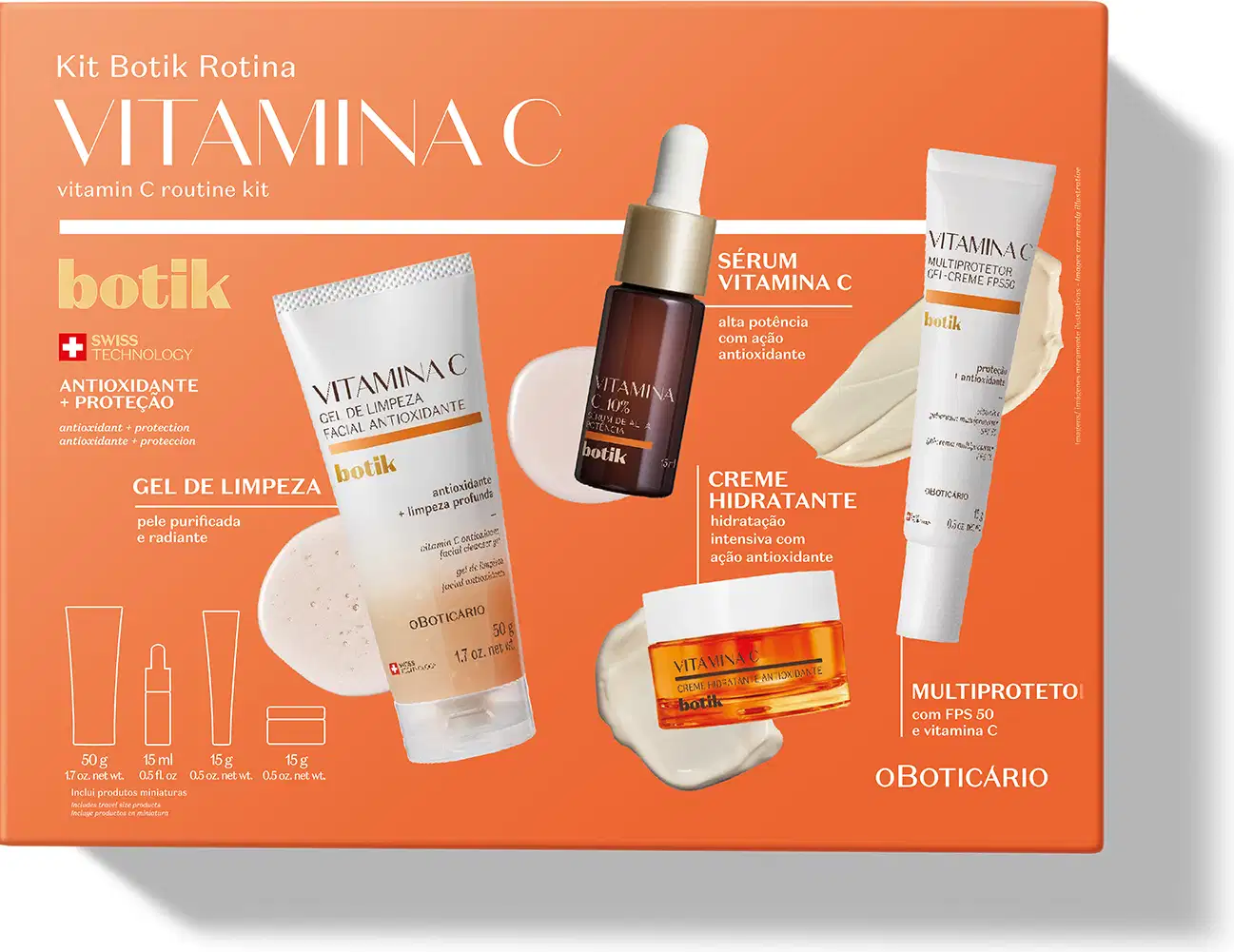 Kit de rotina da marca Botik Vitamina C contendo gel de limpeza, sérum, creme hidratante e protetor solar com FPS 50. A embalagem é laranja e branca, com informações sobre os benefícios dos produtos.