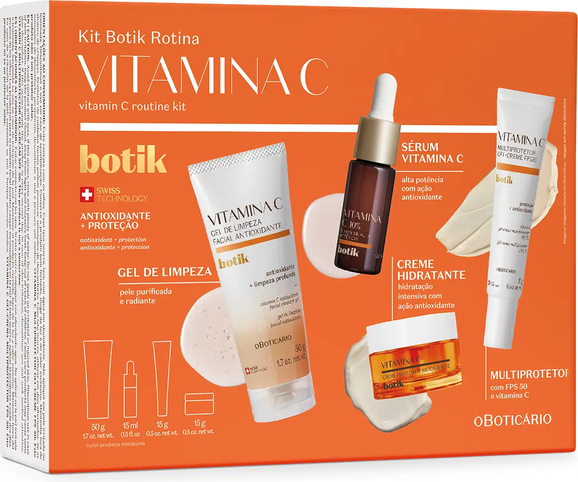 Kit de rotina da marca Botik Vitamina C contendo gel de limpeza, sérum, creme hidratante e protetor solar com FPS 50. A embalagem é laranja e branca, com informações sobre os benefícios dos produtos.