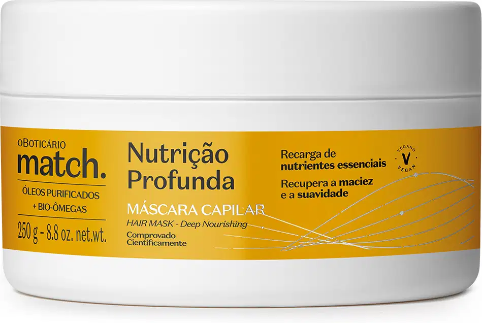 Embalagem branca e amarela de máscara capilar da marca Match, com rótulo indicando "Nutrição Profunda" e informações sobre os ingredientes e benefícios do produto.