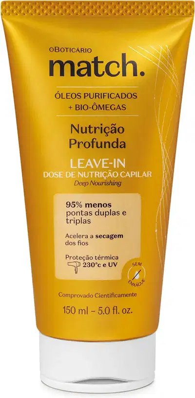 Imagem de uma bisnaga dourada contendo o leave-in da marca Match. Nutrição Profunda. A embalagem tem a tampa branca, seu  rótulo possui detalhes em amarelo com as letras pretas e ela traz 150ml de produto.