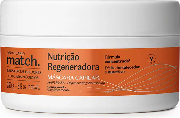 Imagem de um pote branco com rótulo laranja da marca Match contendo máscara capilar regeneradora, com fórmula concentrada e efeito fortalecedor e nutritivo.