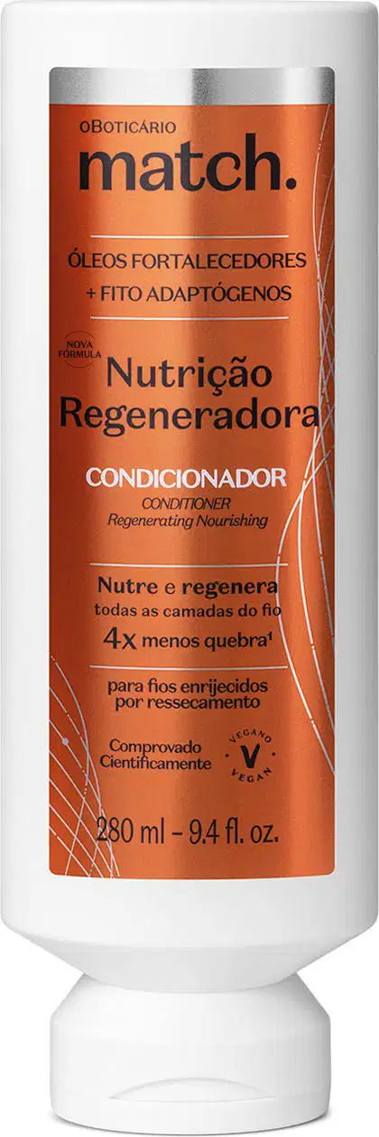 Imagem de frasco branco com rótulo laranja e prata da marca Match Nutrição Regeneradora, contendo condicionador regenerador para cabelos, com informações sobre nutrição e fortalecimento.