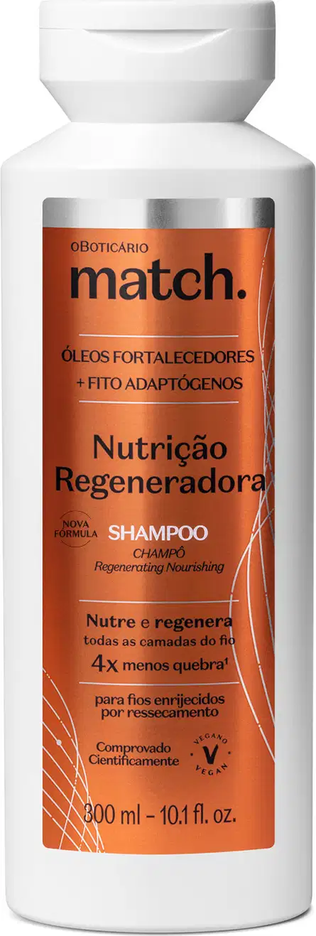 Frasco branco de shampoo da marca Match Nutrição Regeneradora, com rótulo laranja e informações sobre óleos fortalecedores e fito adaptógenos em letras brancas e pretas. Também há detalhes em dourado e a tampa do produto é branca.