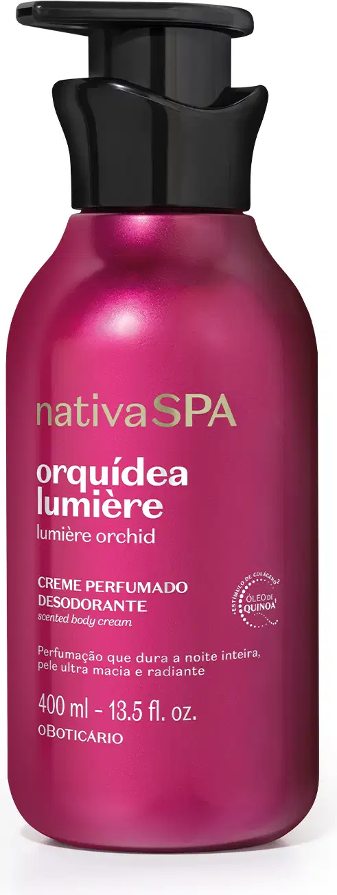 Embalagem pump de 400ml de creme corporal perfumado da marca Nativa SPA Orquídea Lumière, com cor rosa vibrante e tampa preta, com informações sobre o produto escritas em branco no rótulo.