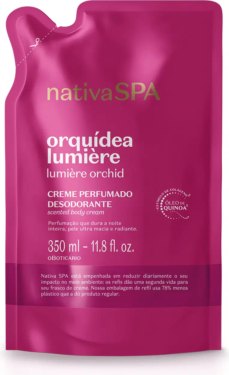 Embalagem flexível de 350 ml contendo refil de creme perfumado desodorante da marca Nativa SPA Orquídea Lumière, na cor rosa vibrante, com informações sobre o produto escritas em branco.