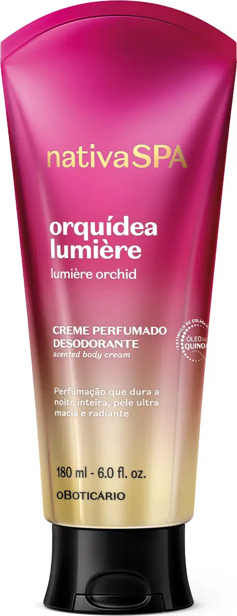 Bisnaga de creme corporal perfumado da marca Nativa SPA Orquídea Lumière, com cores em degradê de rosa e dourado, com tampa preta e informações sobre o produto escritas em branco no rótulo.