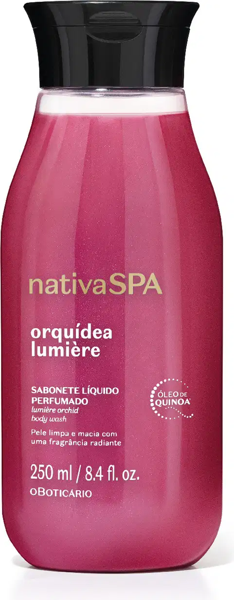 Frasco de sabonete líquido perfumado da marca Nativa SPA Orquídea Lumière na cor rosa vibrante e tampa preta com informações sobre o produto escritas em branco no rótulo.