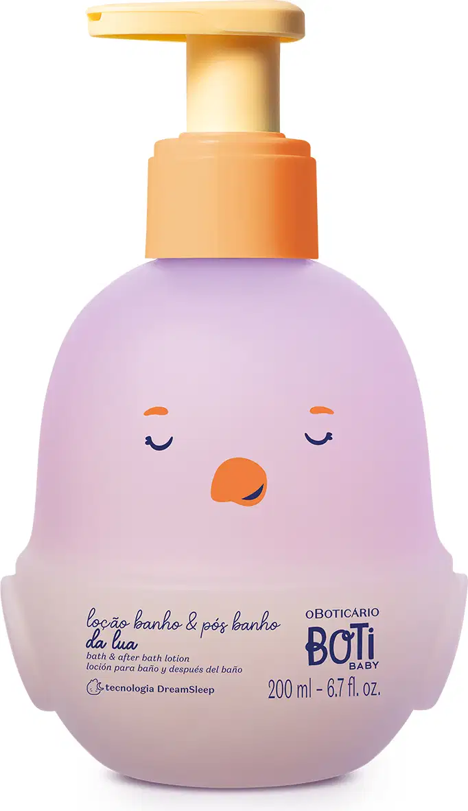 Frasco lilás em formato de pintinho com detalhes laranja e tampa dosadora laranja contendo 200ml de loção para banho e pós-banho da mara Boti Baby Lua.