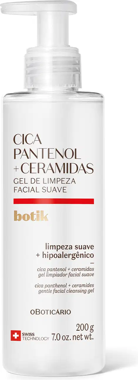 Frasco de gel de limpeza facial suave da marca Botik Cica Pantenol e Ceramidas, em embalagem transparente e conteúdo claro, tampa dosadora e rótulo com detalhe vermelho, contendo 200g do produto.