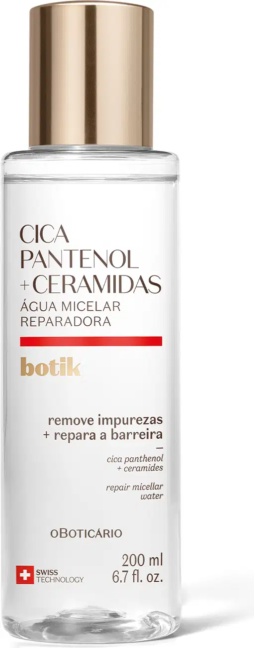 Frasco de 200ml de água micelar reparadora da marca Botik Cica Pantenol e Ceramidas, em embalagem transparente com líquido claro, tampa prateada e rótulo com detalhe vermelho contendo informações sobre ingredientes Cica Pantenol e Ceramidas.