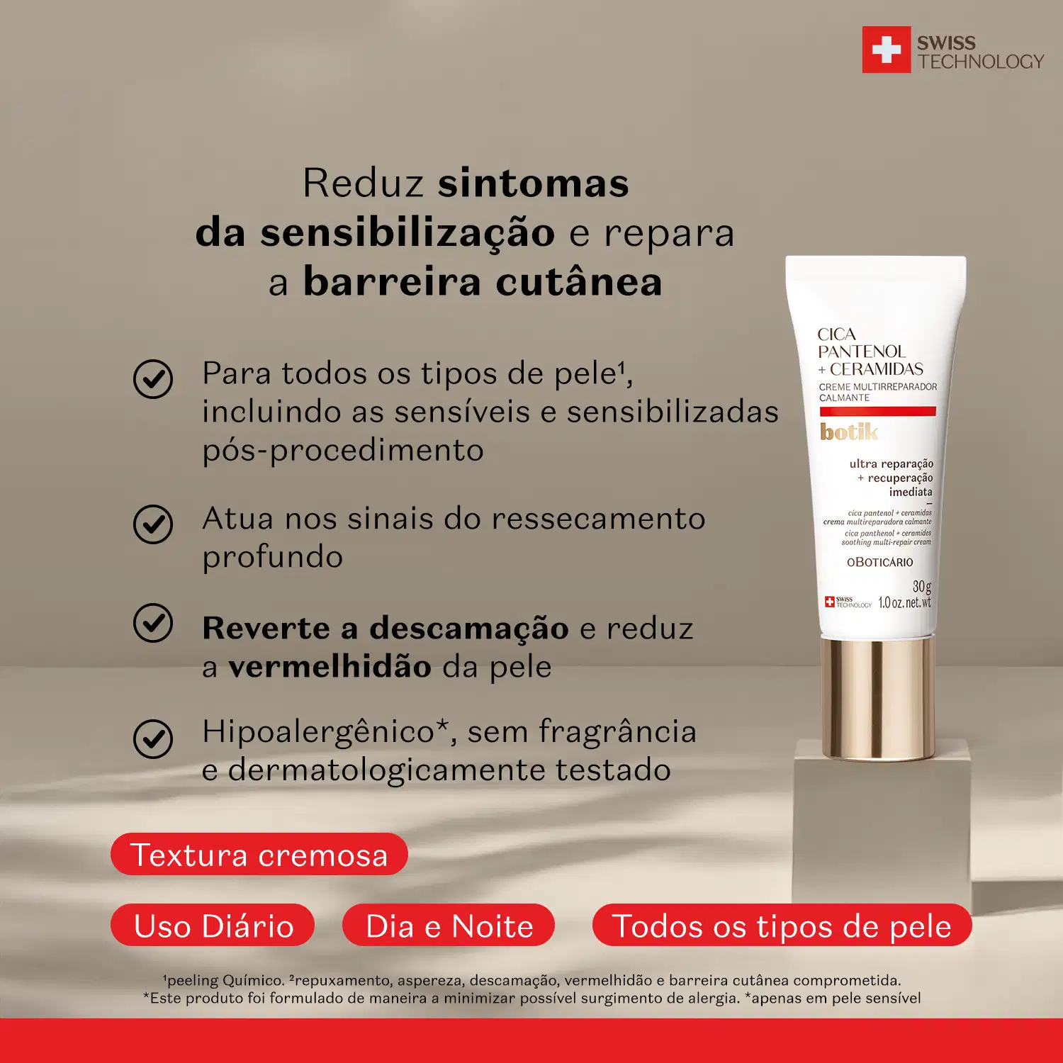 Embalagem de creme multirreparador da marca Botik Cica Pantenol e Ceramidas sobre superfície bege, com texto informativo sobre os benefícios do produto para diferentes tipos de pele.