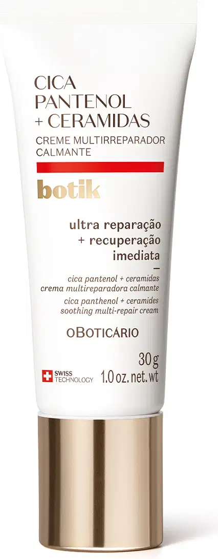 Creme multireparador calmante da marca Botik Cica Pantenol e Ceramidas, em embalagem de bisnaga branca de 30g com detalhes vermelho e tampa dourada