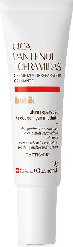 Imagem de uma bisnaga branca com letras pretas e detalhe vermelho contendo 10 ml de creme facial multirreparador calmante da marca Botik Cica Pantenol E Ceramidas.