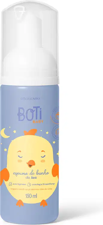 Frasco de espuma de banho da linha Boti Baby, com embalagem branca e azul claro, apresentando um desenho de um pintinho amarelo sorridente e texto em português.