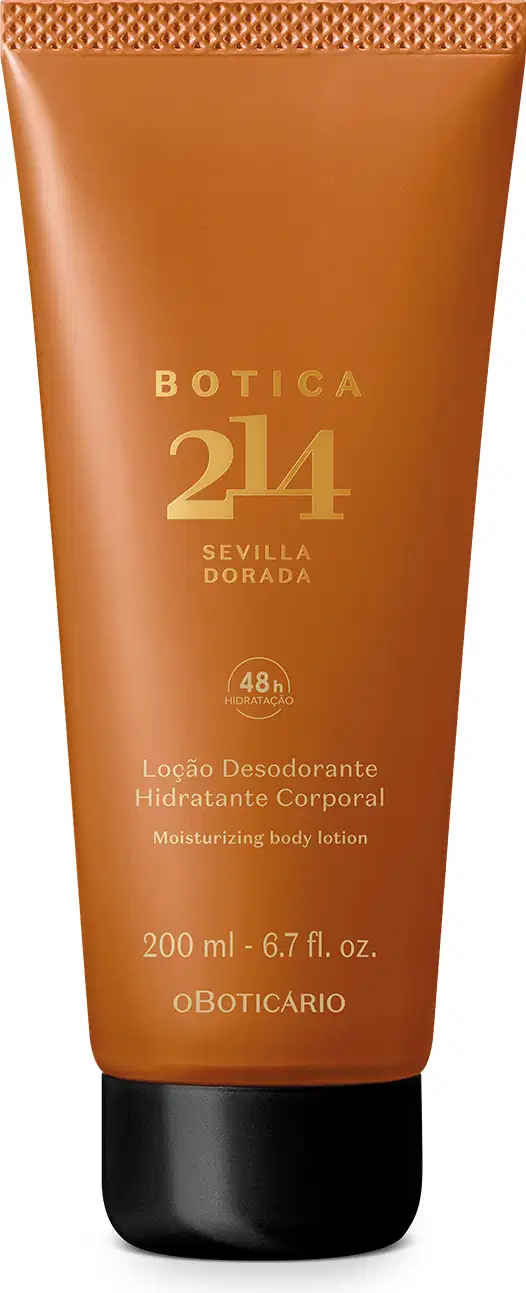 Frasco de 200ml de loção desodorante hidratante corporal Fougére Aromático da marca Botica 214 Sevilla Dorada, na cor laranja, com  tampa preta e letras douradas, trazendo informações sobre o produto.