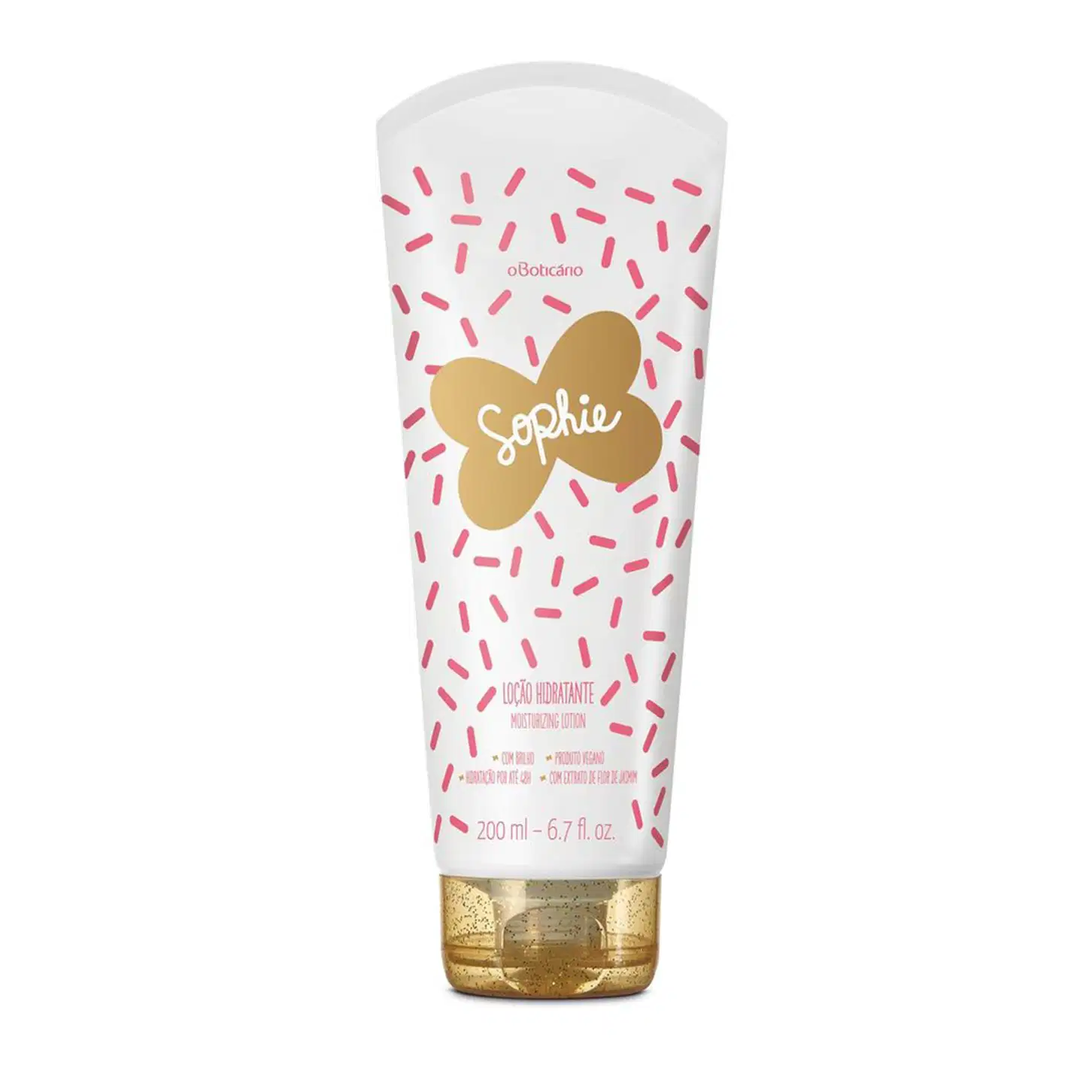 Loção hidratante Sophie em bisnaga branca com padrão de traços rosa, borboleta dourada no centro e tampa dourada, trazendo 200ml do produto.