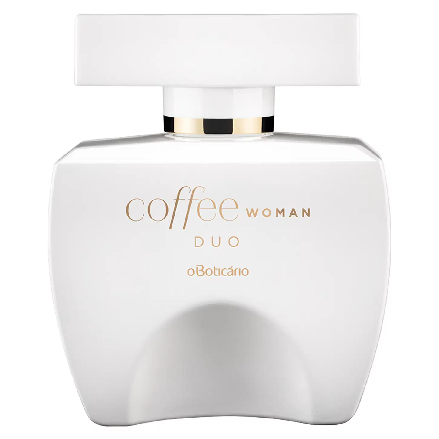 Vidro branco em formato quadrado com tampa da mesma cor em formato retangular, detalhes e letras douradas, contendo 100ml de desodorante colônia Coffee Woman Duo.