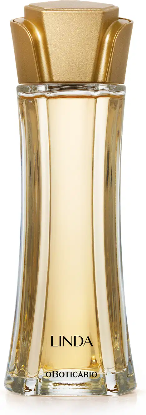 Vidro alongado com líquido bege e tampa dourada em forma de flor contendo 100ml de desodorante colônia da marca Linda.