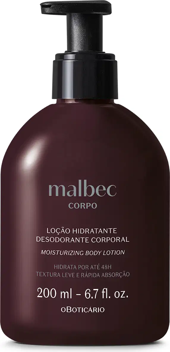 O produto apresentado é um creme hidratante corporal da marca Malbec. A embalagem é um frasco de plástico de cor marrom escuro com texto branco gravado na embalagem. O frasco possui um dispensador de bomba preta na parte superior.