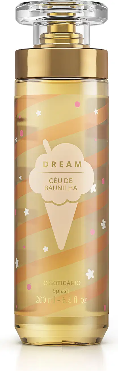 Imagem do frasco de body splash Dream Céu de Baunilha, em embalagem cilíndrica com tampa transparente e válvula spray dourada. O rótulo é em tons de amarelo, laranja e branco e traz um sorvete ilustrativo. O recipiente conta com 200ml de produto.