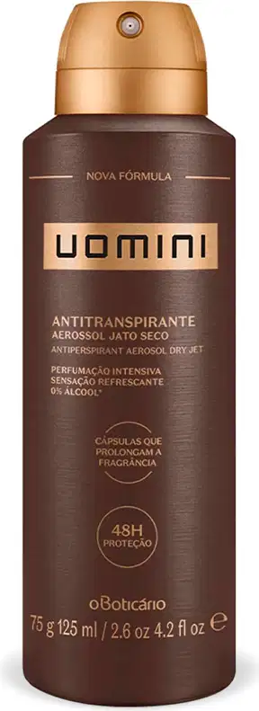 Frasco marrom com tampa e letras douradas contendo 75g/125ml de desodorante antitranspirante aerossol da marca Uomini.