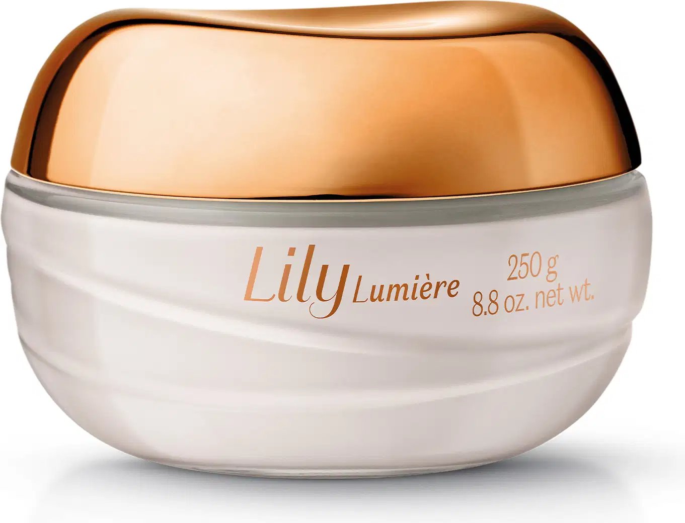 Pote de vidro com creme branco, tampa e letras douradas, contendo 250g de creme acetinado hidratante corporal da marca Lily Lumière.
