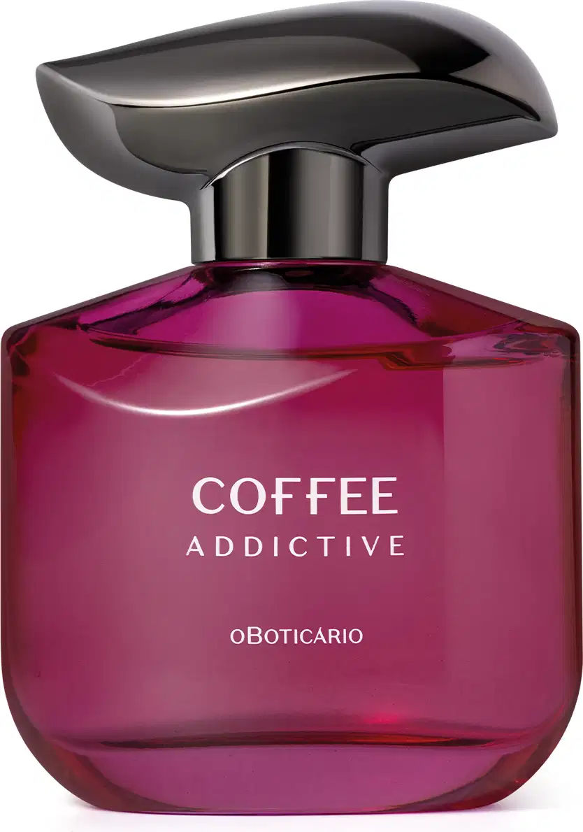 Imagem de um frasco de desdoorante colônia da marca Coffee Woman Addictive, com tonalidades de roxo, cantos arredondados e  rótulo em branco. A embalagem possui um design moderno que sugere um produto sofisticado e elegante.