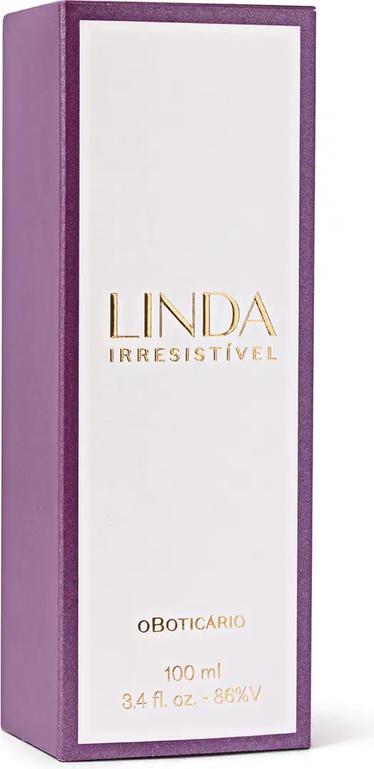 Caixa branca com lateral roxa e letras douradas contendo um vidro de 100ml de desodorante colônia Linda Irresistível.