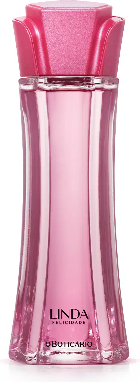 Frasco de vidro longo e transparente com líquido rosa e tampa rosa em formato de flor contendo 100ml de desodorante colônia Linda Felicidade.