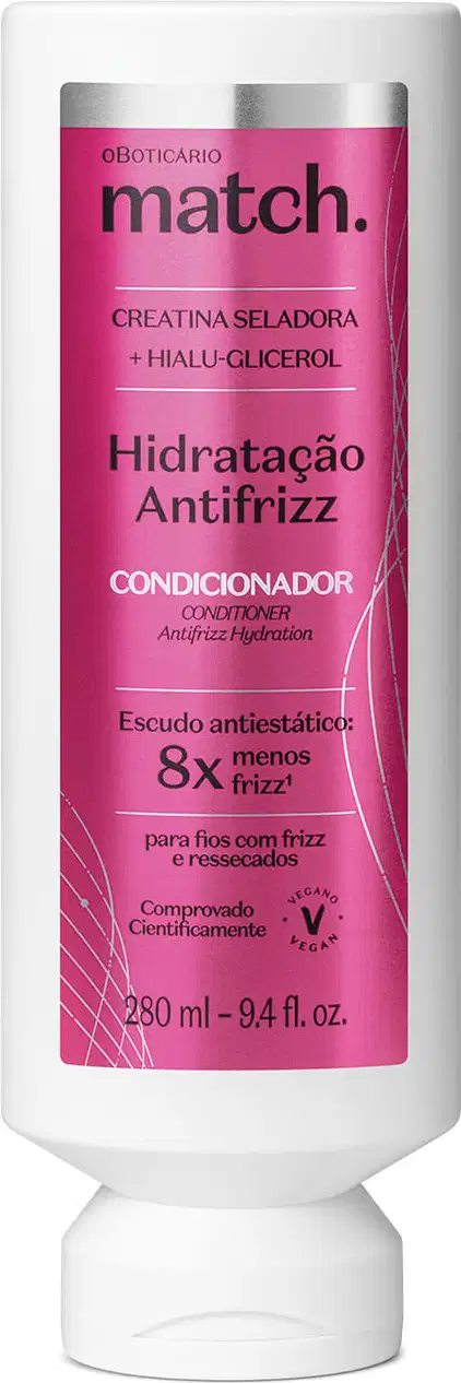 Frasco branco com rótulo lilás metalizado e letras pretas e brancas contendo 280ml de condicionador da marca Match Hidratação Antifrizz.