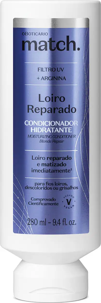 Frasco branco com rótulo azul metalizado e letras pretas e brancas contendo 280ml de condicionador hidratante da marca Match Loiro Reparado.
