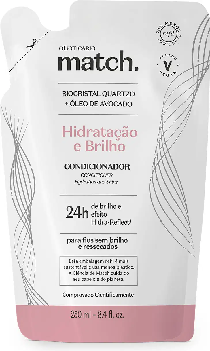 Refil de condicionador Match Hidratação e Brilho em sachê de 250ml nas cores rosa e branca com letras pretas.