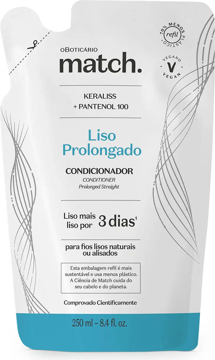 Refil de condicionador Match Liso Prolongado em sachê de 250ml nas cores azul e branca com letras pretas.