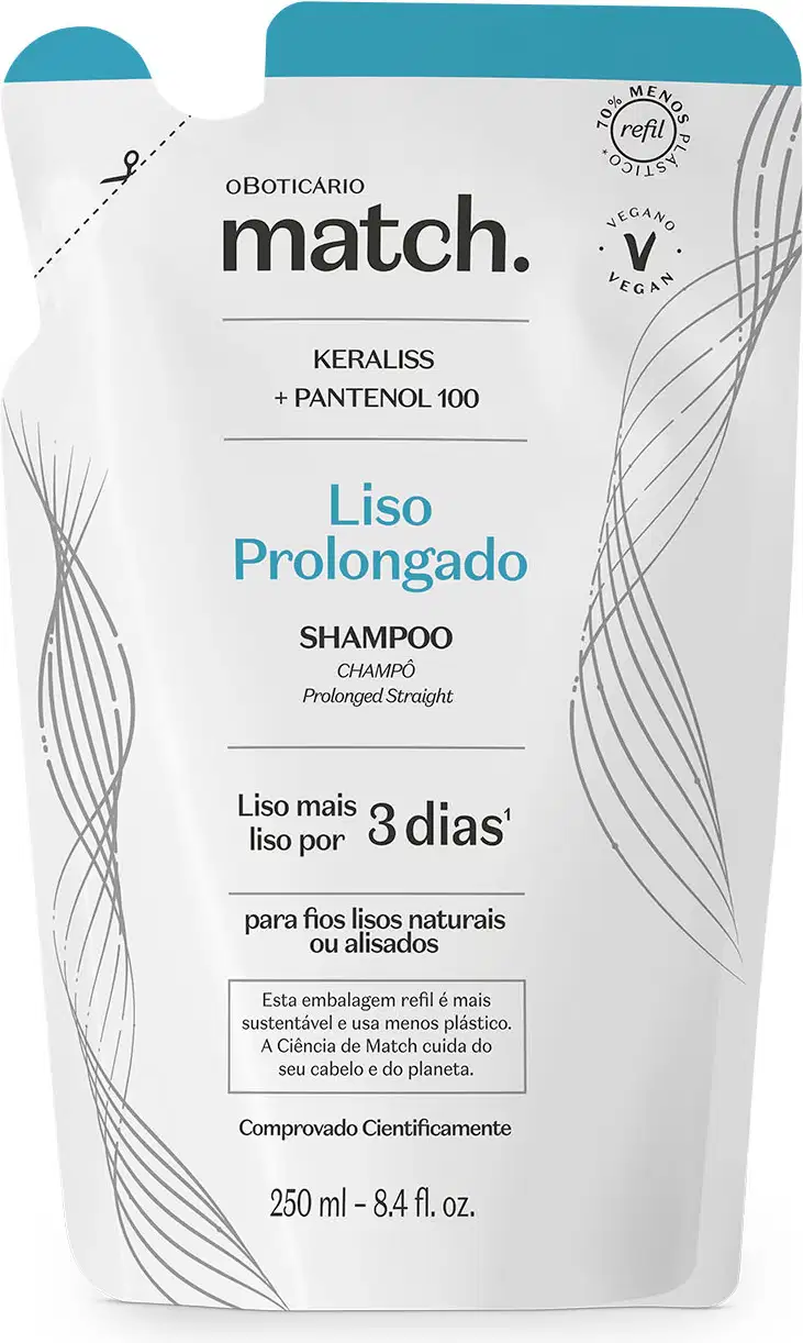 Refil de shampoo Match Liso Prolongado em sachê de 250ml nas cores azul e branca com letras pretas.