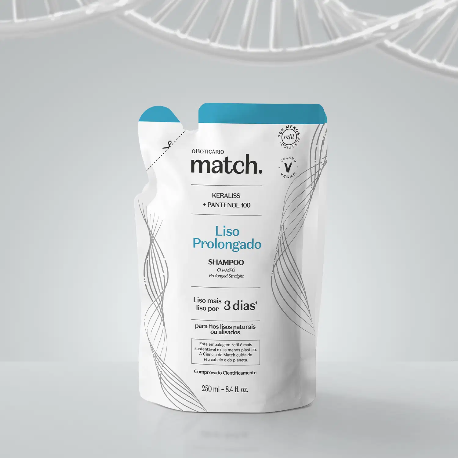 Refil de shampoo Match Liso Prolongado em sachê nas cores rosa e branca com letras pretas em fundo cinza.