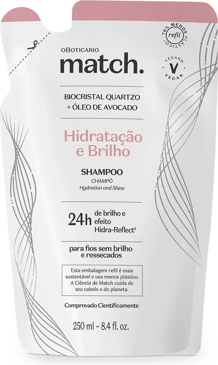 Refil de shampoo Match Hidratação e Brilho em sachê de 250ml nas cores rosa e branca com letras pretas.